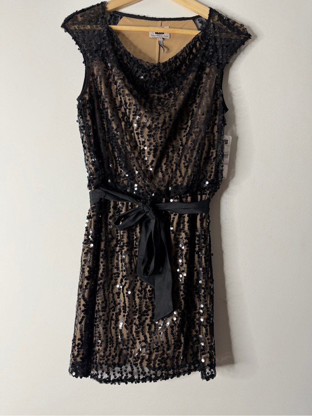 Laundry by Design Black Sequin Mini Dress with Black Satin Waist Tie